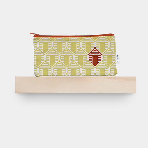 designer pencil case featuring &repeat beach hut pattern