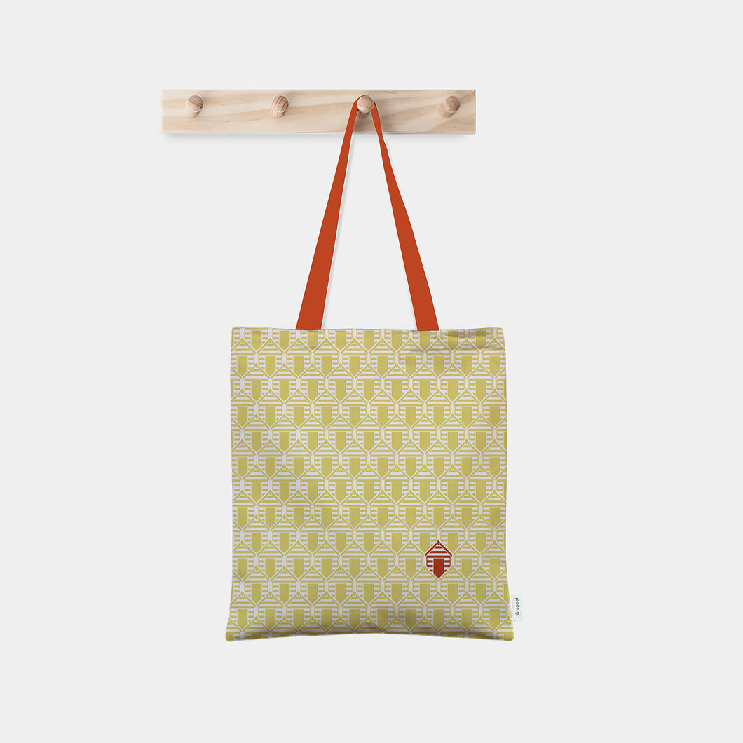 designer tote bag featuring &repeat beach hut pattern