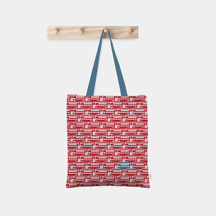 cotton tote bag featuring andrepeat city red bus pattern