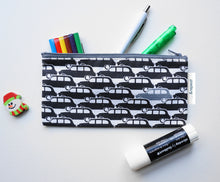 Load image into Gallery viewer, cotton pencil case with colour zip andrepeat city black taxi design
